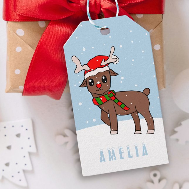 Cute Hjort med jultomten Santa Hat Snö Presentetikett (Skapare uppladdad)