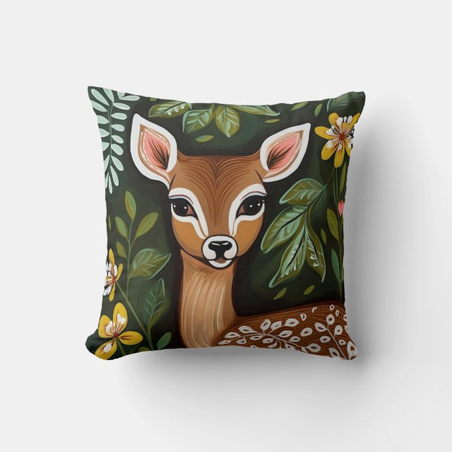 Cute Hjort med Löv och blommor Kudde (Framsida)