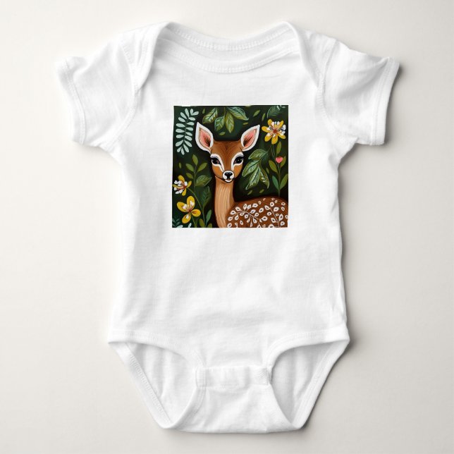 Cute Hjort med Löv och blommor T Shirt (Framsida)