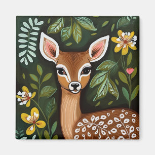 Cute Hjort med Löv och Flowers Magnet