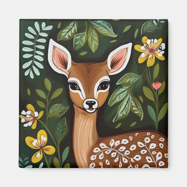 Cute Hjort med Löv och Flowers Magnet (Framsidan)