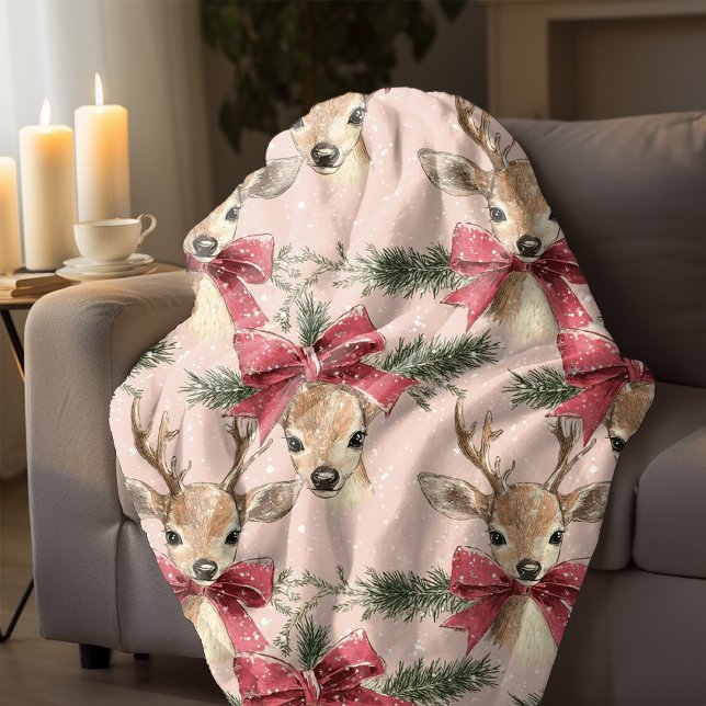 Cute Hjort med rött fack | Rosa jul Fleecefilt (Skapare uppladdad)