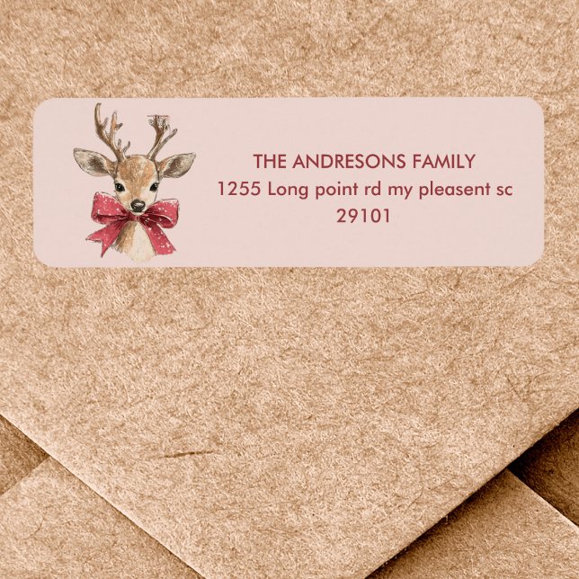 Cute Hjort med rött fack | Rosa jul Returadress Etikett (Skapare uppladdad)
