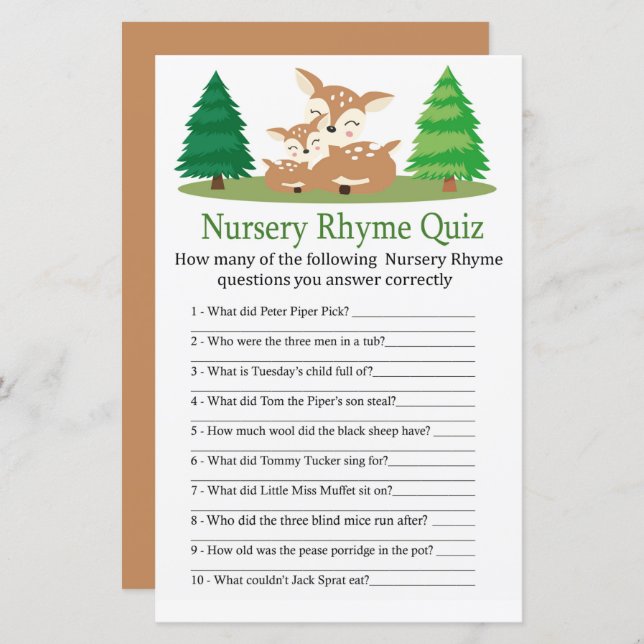 Cute Hjort Nursery Rhyme Quiz babyduschspel (Fram/baksida)
