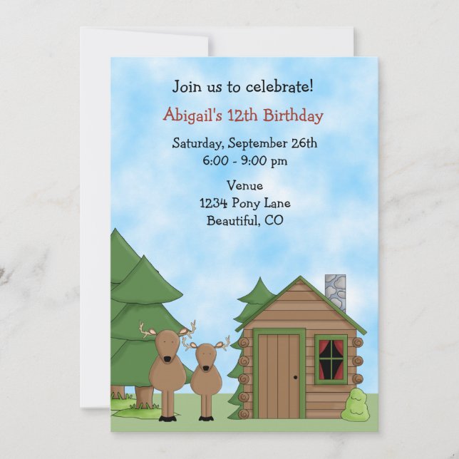 Cute Hjort och Cabin Woodland Birthday Inbjudningar (Framsida)