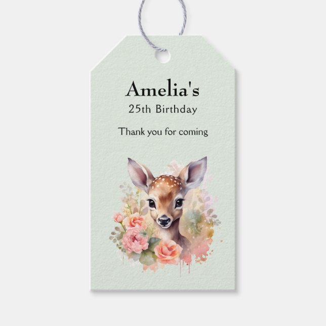 Cute Hjort omgiven av Ro Birthday Tack Presentetikett (Framsidan)
