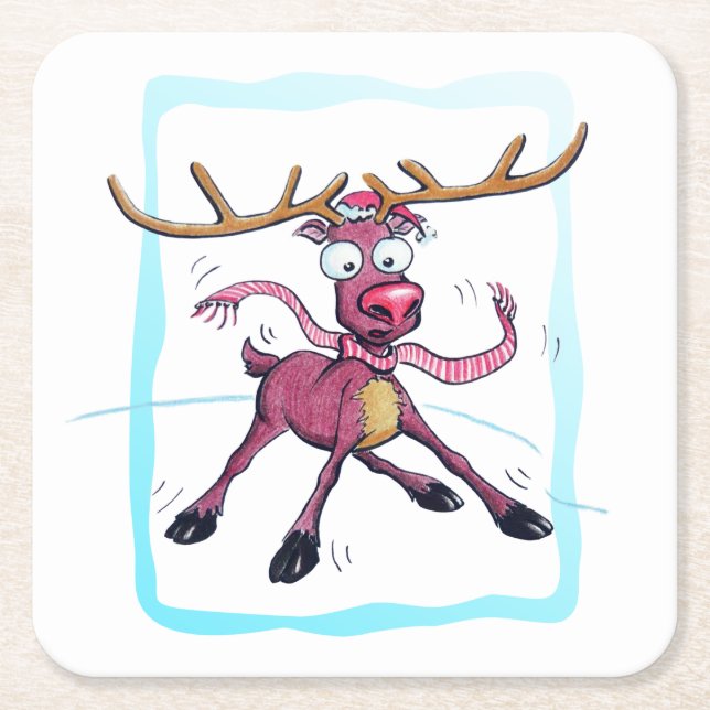 Cute Hjort på is Tecknad för julens helgdagar Underlägg Papper Kvadrat (Framsidan)