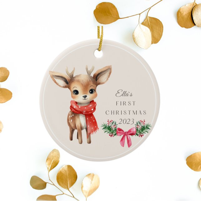 Cute Hjort Personlig Kid`S Första jul Julgransprydnad Keramik (Cute Deer Personalized Kid`s First Christmas Ceramic Ornament)