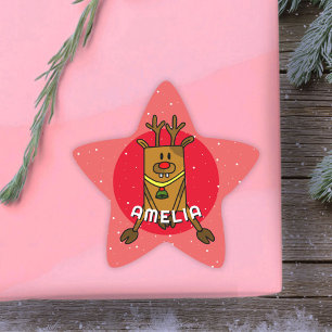 Cute Hjort Red Jul Kid's Namn Stjärnformat Klistermärke