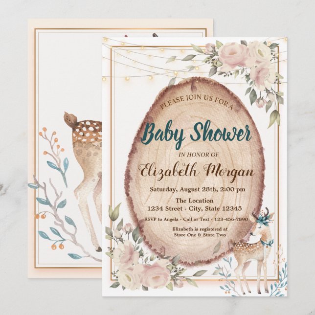 Cute Hjort String Ljus,Blommigt Wood Baby Shower Inbjudningar (Fram/baksida)
