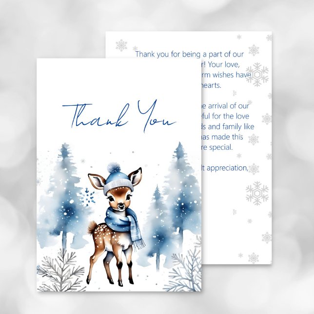Cute hjort Winter-pojkarna, tack för att du fick k (oh deer winter baby shower thank you card watercolor cute baby deer in a scarf and hat snowy pines)