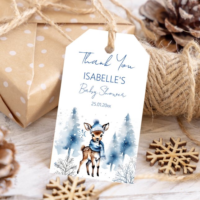 Cute hjort Winter-pojkens babydusch tack vare dig Presentetikett (Cute deer Winter boys baby shower thank you favor Gift Tags deer in a blue winter hat scarf pines)