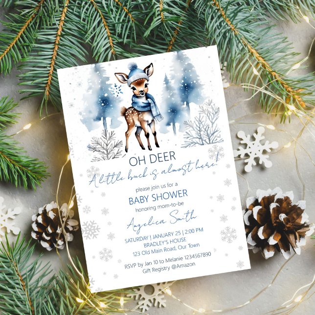 Cute hjort Winter-pojkens babyduschmall Inbjudningar (Oh deer winter baby shower editable template digital download watercolor cute buck winter wonderland)
