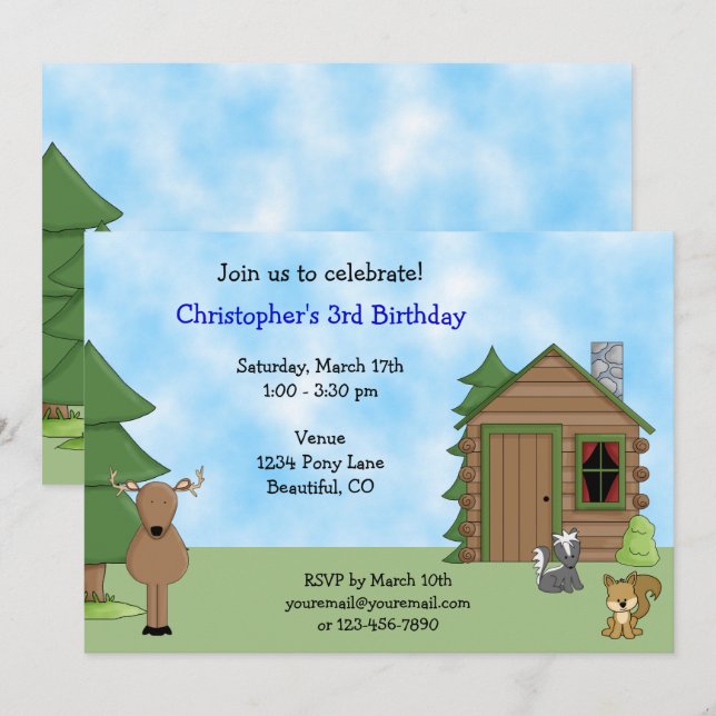 Cute Hjort, Woodland Animals och Cabin Birthday Inbjudningar (Fram/baksida)