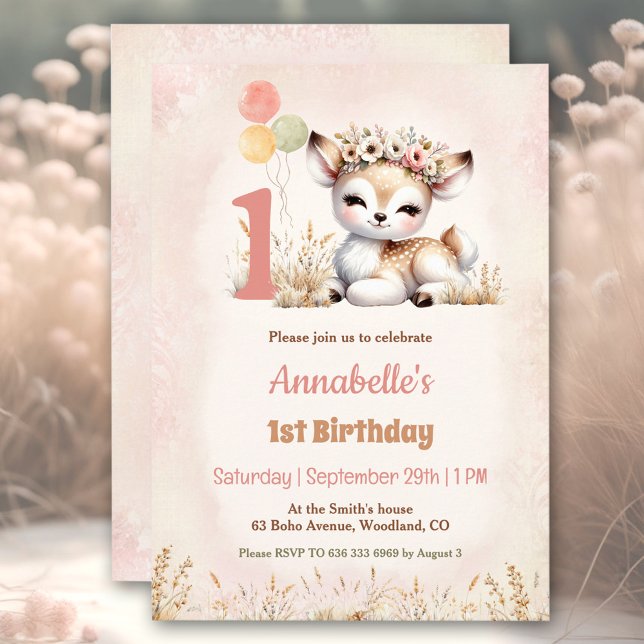 Cute Hjort Woodland Boho Girl 1:a födelsedagen Inbjudningar (Cute Deer Woodland Boho Girl 1st Birthday Invitation)