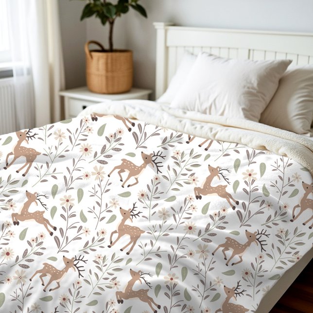 Cute Hjort Woodland Neutralt Nursery Kids Room Whi Fleecefilt (Cute Deer Woodland Neutral Nursery Kids Room White Fleece Blanket)