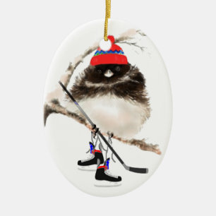 Cute Hockey Bird i Hat, jul Humor, Junco Julgransprydnad Keramik