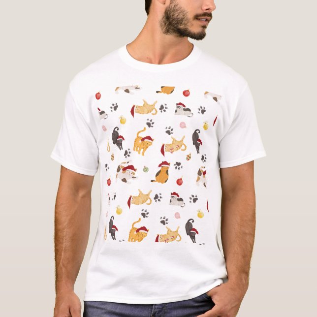 Cute Holiday Cat Pattern T Shirt (Framsida)