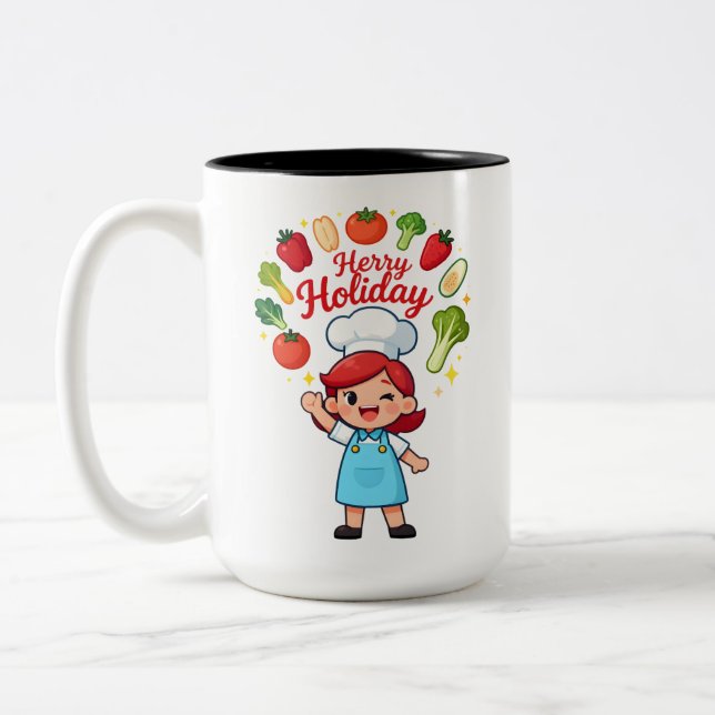 Cute Holiday Chef Mug with Festive Veggies Två-Tonad Mugg (Vänster)