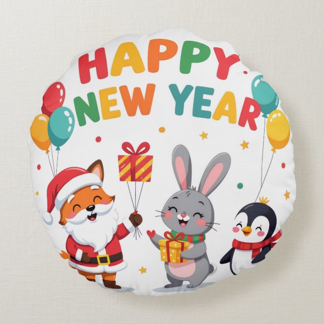 Cute Holiday Gift for Kids Round Pillow-New Year Rund Kudde (Baksidan)
