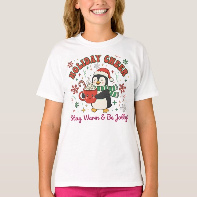 Cute Holiday Penguin with Cocoa & Cheer T Shirt (Framsida)