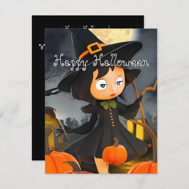 Cute Holloween Witch Full Moon Pumpkin Patch Holid Julkort (Fram/baksida)