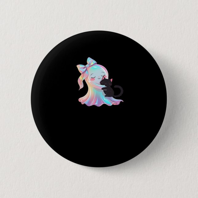 Cute HolograGraph Ghost Hugger Black Cat Mysigt Gi Knapp (Framsida)