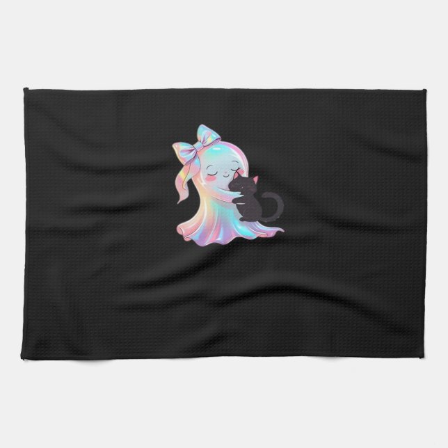Cute HolograGraph Ghost Hugger Black Cat Mysigt Gi Kökshandduk (Horisontell)