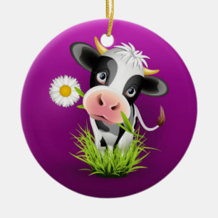 Cute Holstein-ko med gräs över lilan Julgransprydnad Keramik