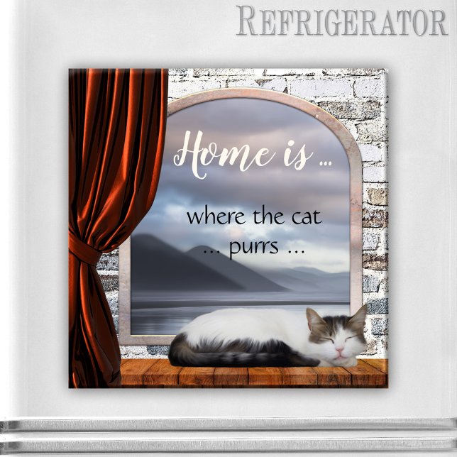 Cute Home är den plats där katten trycker på målni Magnet (Cute magnet featuring a painting of a dreaming cat in the window sill. For a cozy home cat lover)