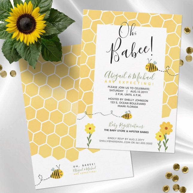 Cute Honeycomb Watercolor Humla Baby Shower Inbjudningar (Cute Bumble Bee Theme "Oh, Babee" Baby Shower Invitations -- Preview Customizations on Screen!)