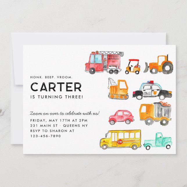 Cute Honk Beep Vroom Transport Barns födelsedag Inbjudningar (Framsida)