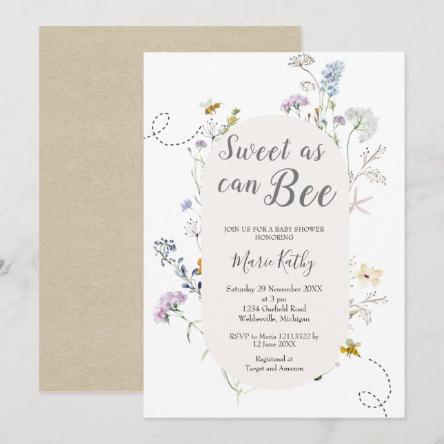 Cute Honung Sweet som kan ha varit Wildblomma Baby Inbjudningar (Fram/baksida)