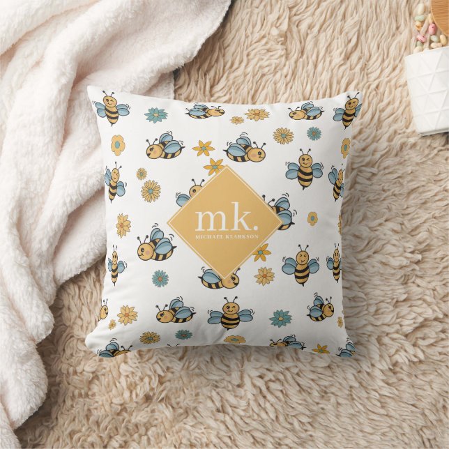 Cute Honungsbin & Blommigt Wildblommor Monogram Kudde (Filt)