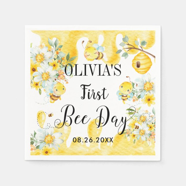 Cute Honungsbin, Gult Blommigt födelsedag Pappersservett (Framsidan)