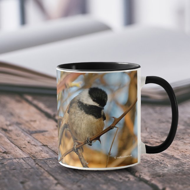 Cute Hopnice Black-Caps Chickadee Songbird Mugg (Cute Hopeful Black-Capped Chickadee on Branch 11 oz Coffee Mug Cover Photo.)