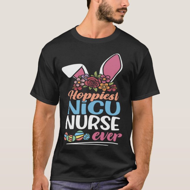 Cute Hoppiest NICU Nurse Ever Bunny Ear Red Plaid  T Shirt (Framsida)