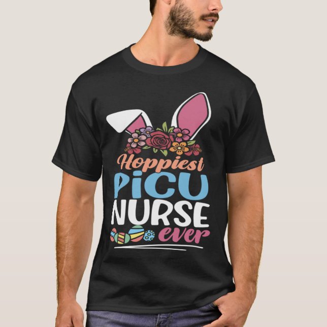 Cute Hoppiest PICU Nurse Ever Bunny Ear Red Plaid  T Shirt (Framsida)