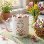 Cute Hoppy Easter Bunny Mugg<br><div class="desc">Celebrate the joy of Easter with this adorable Cute Hoppy Easter Bunny Mug. Featuring a charming kawaii-style white bunny holding a basket of colorful eggs, surrounded by flowers, butterflies, and pastel accents, with vibrant "Hoppy Easter!" text in rainbow colors. The pink interior rim adds a sweet touch to this whimsical...</div>