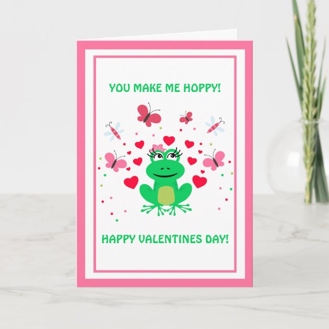 Cute Hoppy Frog och Hearts Valentines day Helgkort (Framsida)