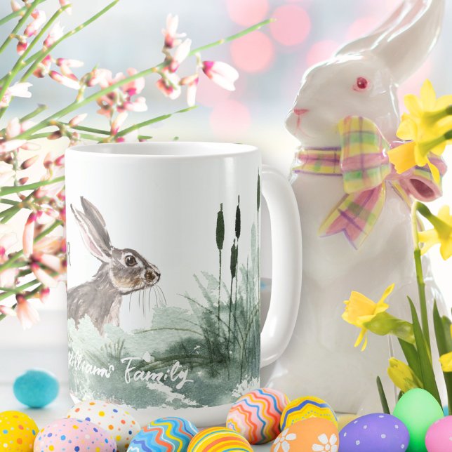 Cute Hoppy Påskhare Watercolor Pastel Kaffemugg (Cute Hoppy Easter Bunny Watercolor Greetings Coffee Mug ©Susanne Sachers - Sunny Mind Design. 🌞)