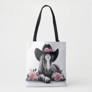Cute Horse Foal med Rosa Flowers Tygkasse