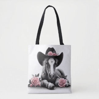 Cute Horse Foal med Rosa Flowers Tygkasse