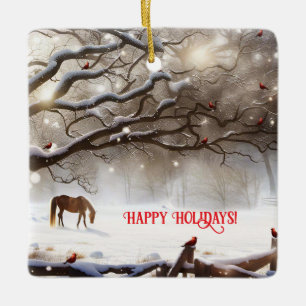 Cute Horse in Pasture with Cardinals Jul Julgransprydnad Keramik