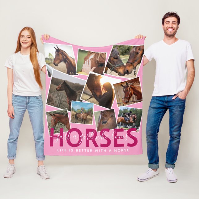 Cute Horse Lover Photo Collage Rosa Fleecefilt (På plats)