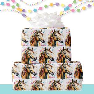 Cute Horse med Birthday Rosett band Add Namn Presentpapper
