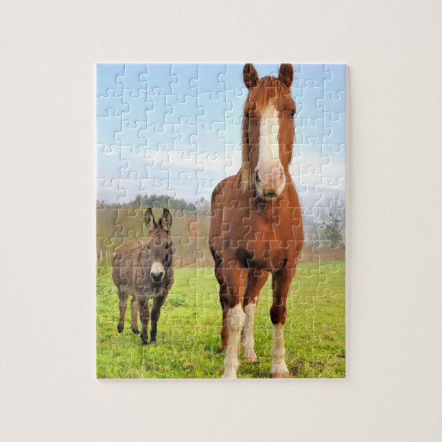 Cute Horse och Donkey Friends Boskap Pussel (Vertikal)