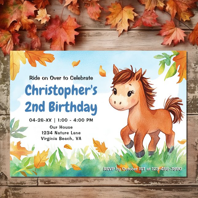 Cute Horse och Höst löv | Pony Autumn Birthday Inbjudningar (Front - Cute Horse and Fall Leaves  Pony Autumn Birthday Invitation)