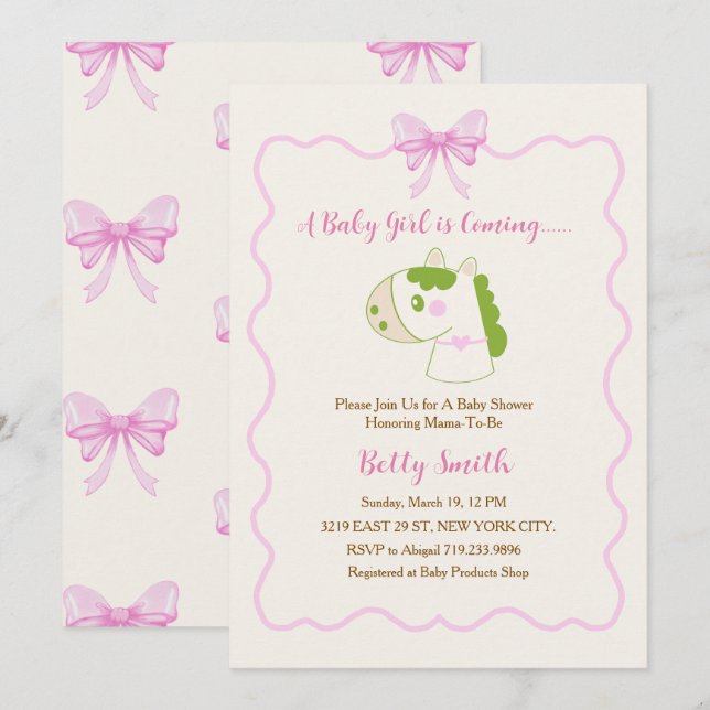 Cute Horse Pink Bow Personalized Girl Baby Shower  Inbjudningar (Fram/baksida)