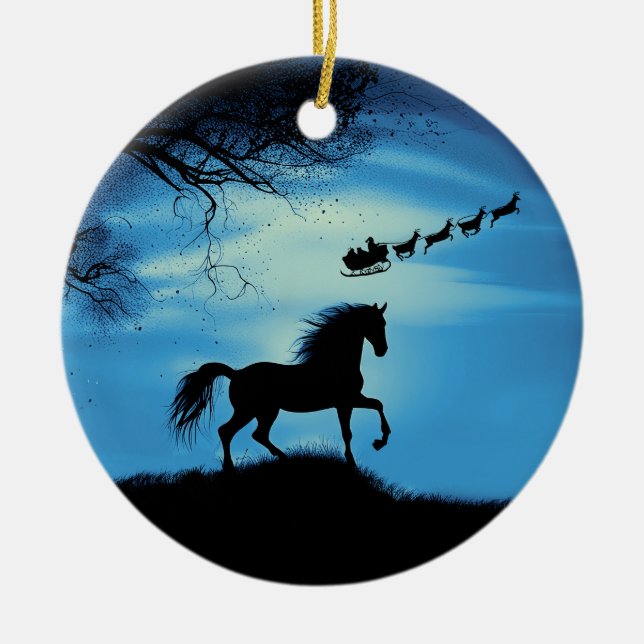 Cute Horse Santa och Reindeer Sleigh-jul Julgransprydnad Keramik (Framsidan)